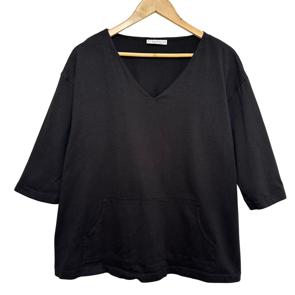 Bryn Walker Boxy Tunic Women XS Black Kangaroo Pocket Cotton Lagenlook Travel